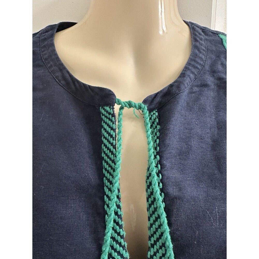 J. Crew Women’s Embroidered Boho Linen & Cotton Navy & Green Top Blouse Size 10 - Picture 4 of 14
